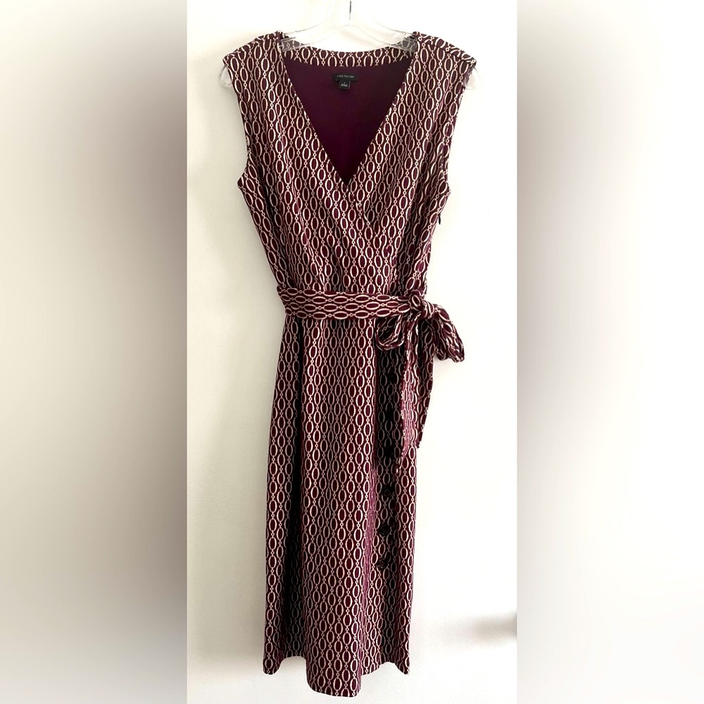 Ann Taylor Burgundy and Cream V-Neck Wrap Top, Pencil Skirt Dress
